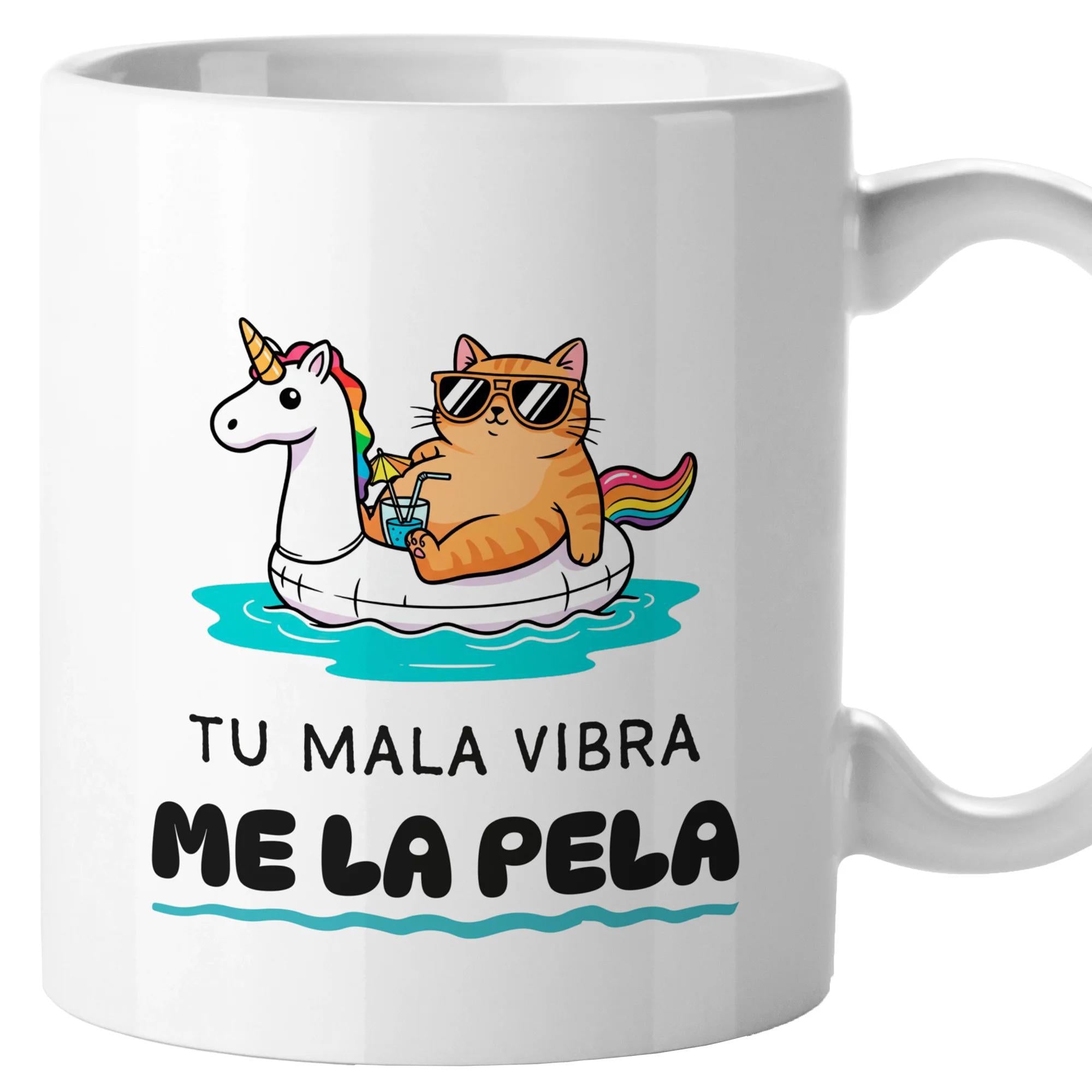 Tailorly White Ceramic 11 oz Mug - Cool Ginger Feline Wearing Sunglasses Resting On Colorful Rainbow Unicorn Floatie Cat