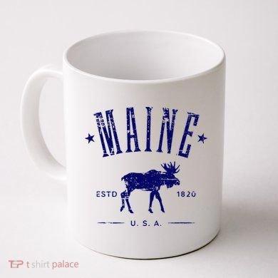 Tailorly White Ceramic 11 oz Mug - Maine Estd 1820 Usa Distressed Vintage Style Silhouette Representing Wildlife Deep Within The Northern Wilderness Moose