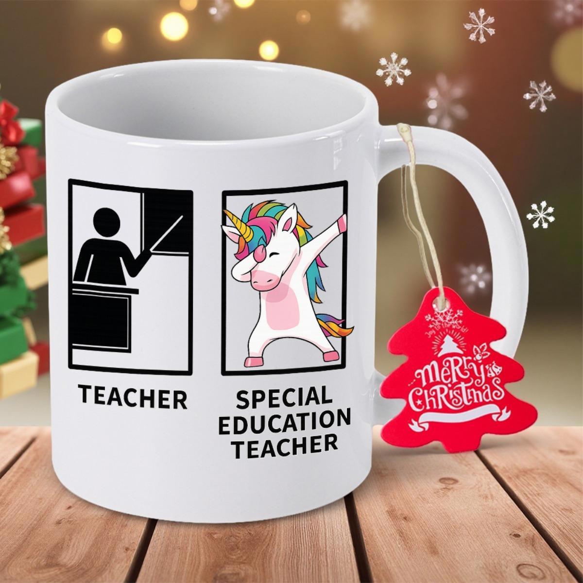 Tailorly White Ceramic 11 oz Mug - Teacher Special Education Teacher Colorful Mythical Creature Performing A Dabbing Dance Within A Rectangular Frame Unicorn