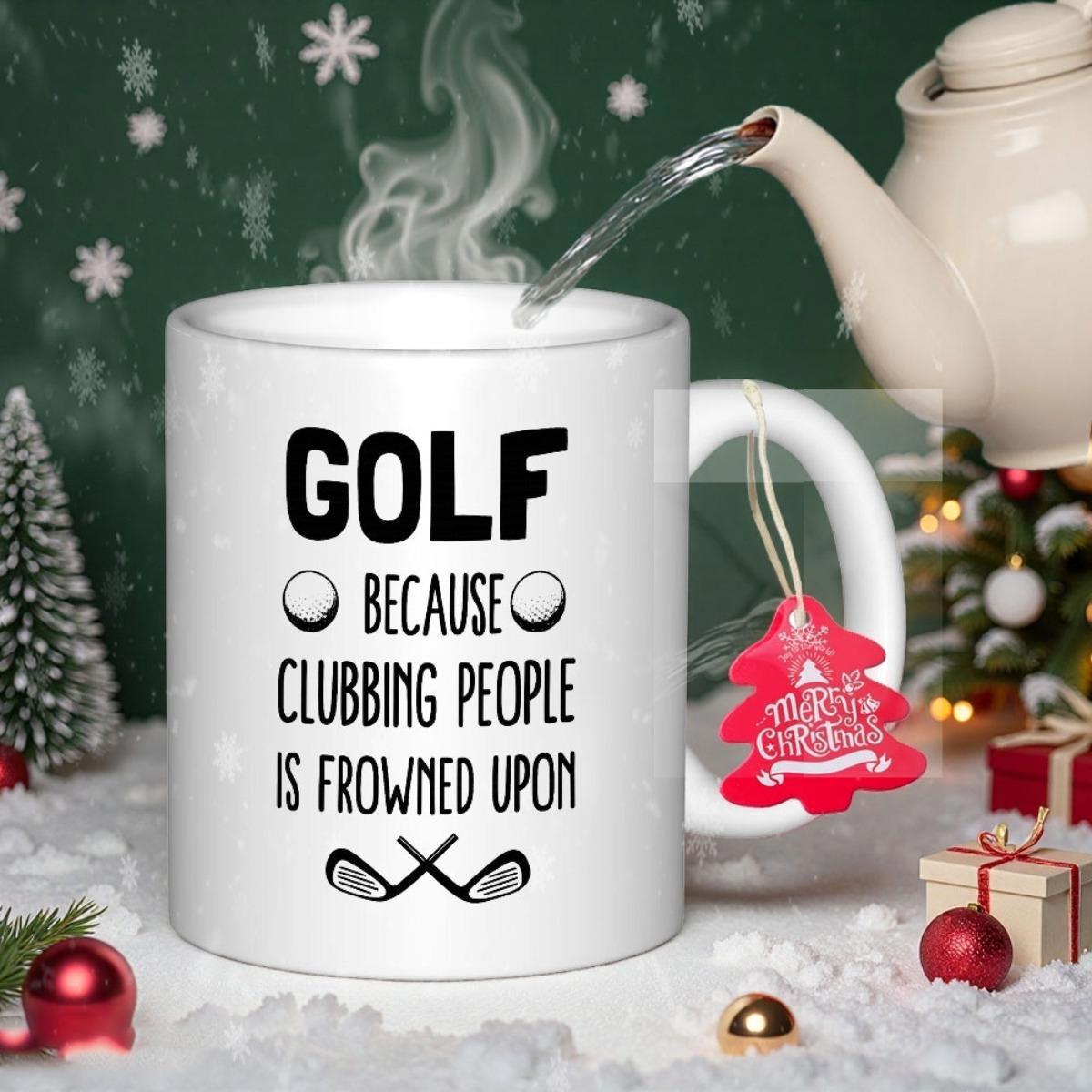 Tailorly White Ceramic 11 oz Mug - Golf Because Clubbing People Is Frowned Upon Simple Crossed Clubs With Two Round Detailed Texture Golf Balls Golf