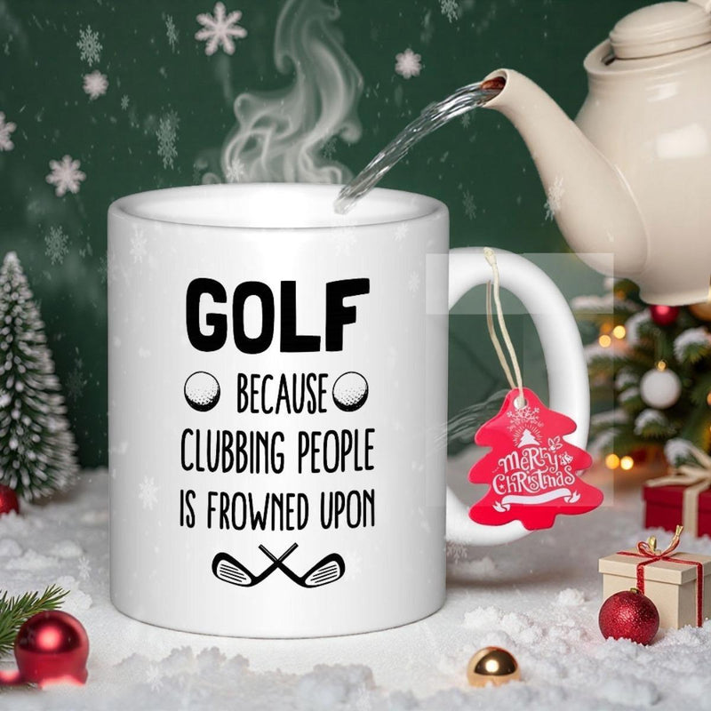 Tailorly White Ceramic 11 oz Mug - Golf Because Clubbing People Is Frowned Upon Simple Crossed Clubs With Two Round Detailed Texture Golf Balls Golf