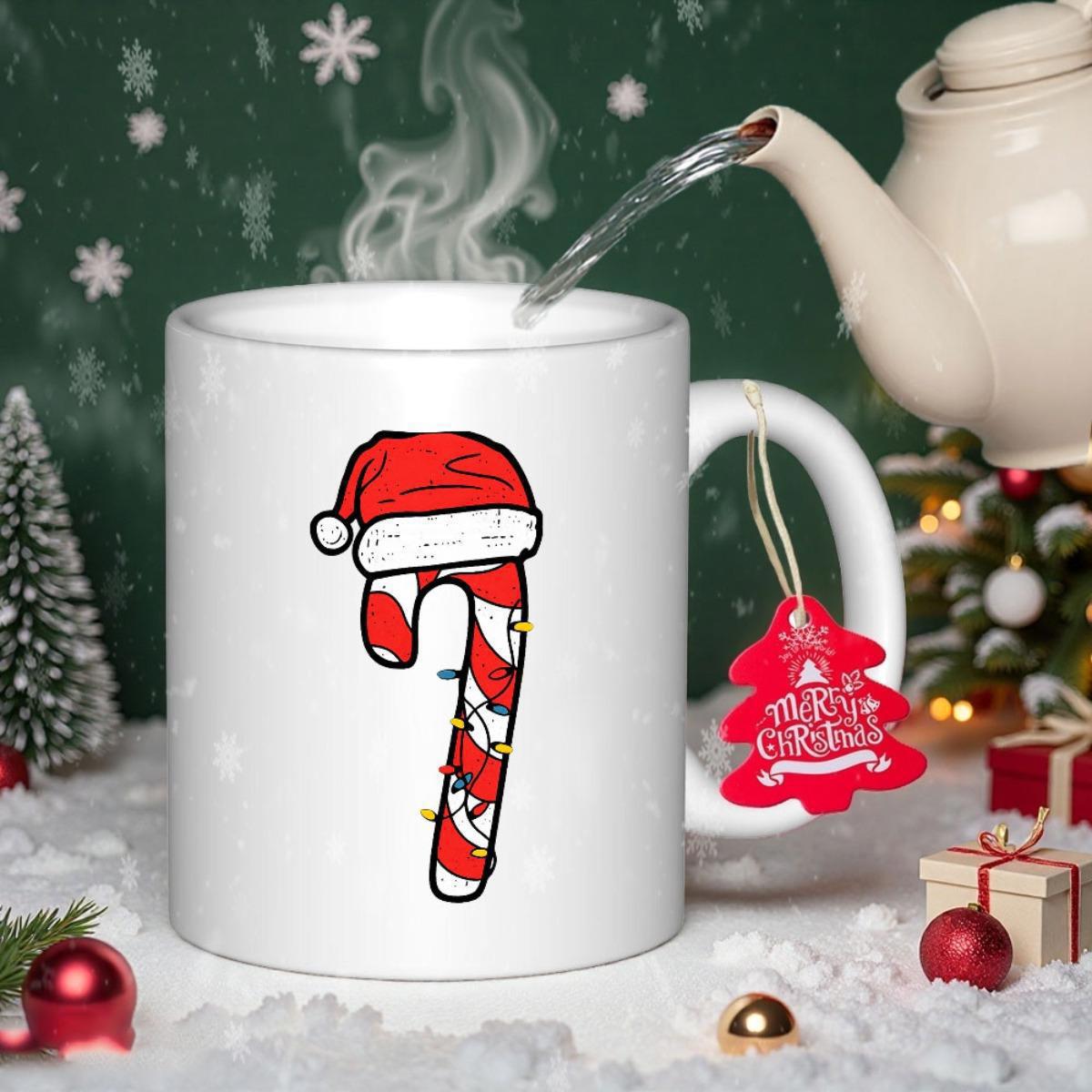 Tailorly White Ceramic 11 oz Mug - Merry Christmas Striped Holiday Sweet With Red Santa Hat And Glowing Lights Candy Cane