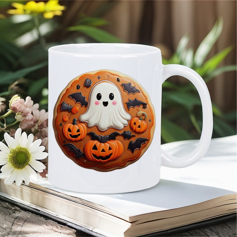 Tailorly White Ceramic 11 oz Mug - Friendly White Ghost Floating Among Carved Pumpkins And Black Bats Ghost