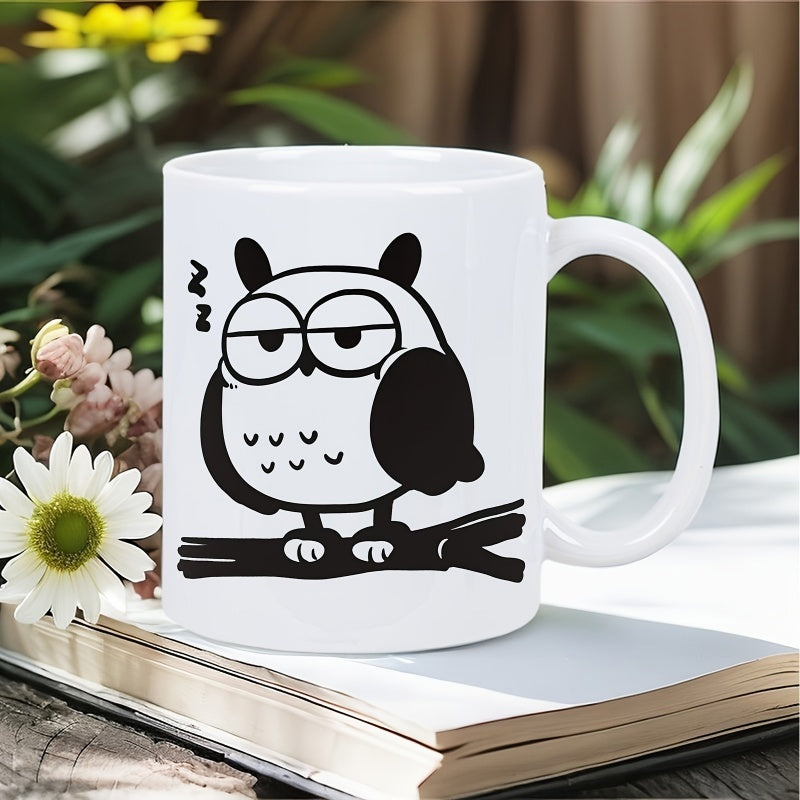 Tailorly White Ceramic 11 oz Mug - Zzz Simple Black And White Cartoon Sleepy Bird Perched On A Branch Owl
