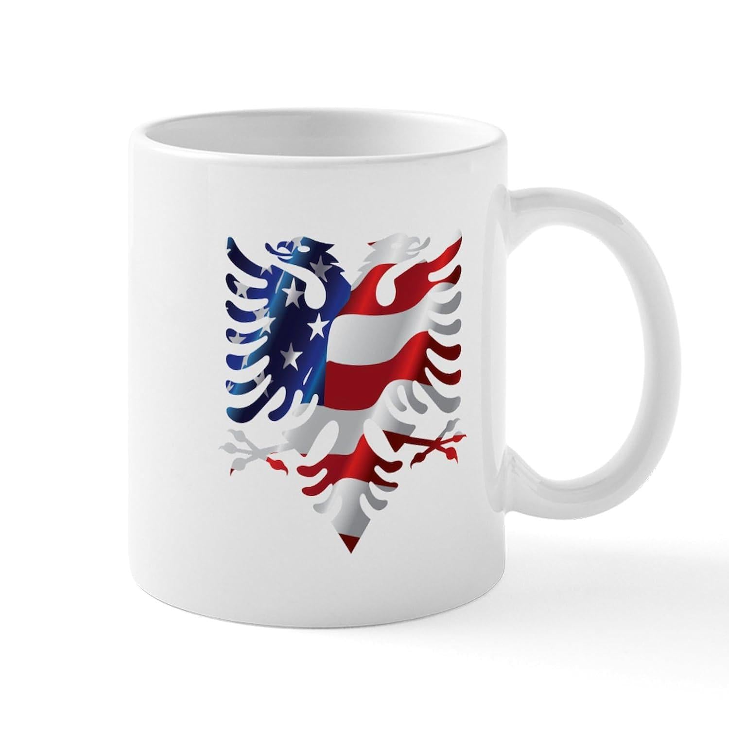 Tailorly White Ceramic 11 oz Mug - Patriotic American Flag Pattern Inside Stylized Double Headed Albanian National Symbol Eagle