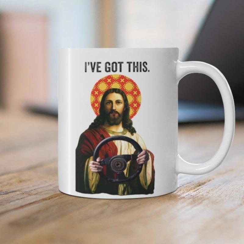 Tailorly White Ceramic 11 oz Mug - Ive Got This Sacred Figure With Radiant Halo Steering A Modern Driving Wheel Jesus