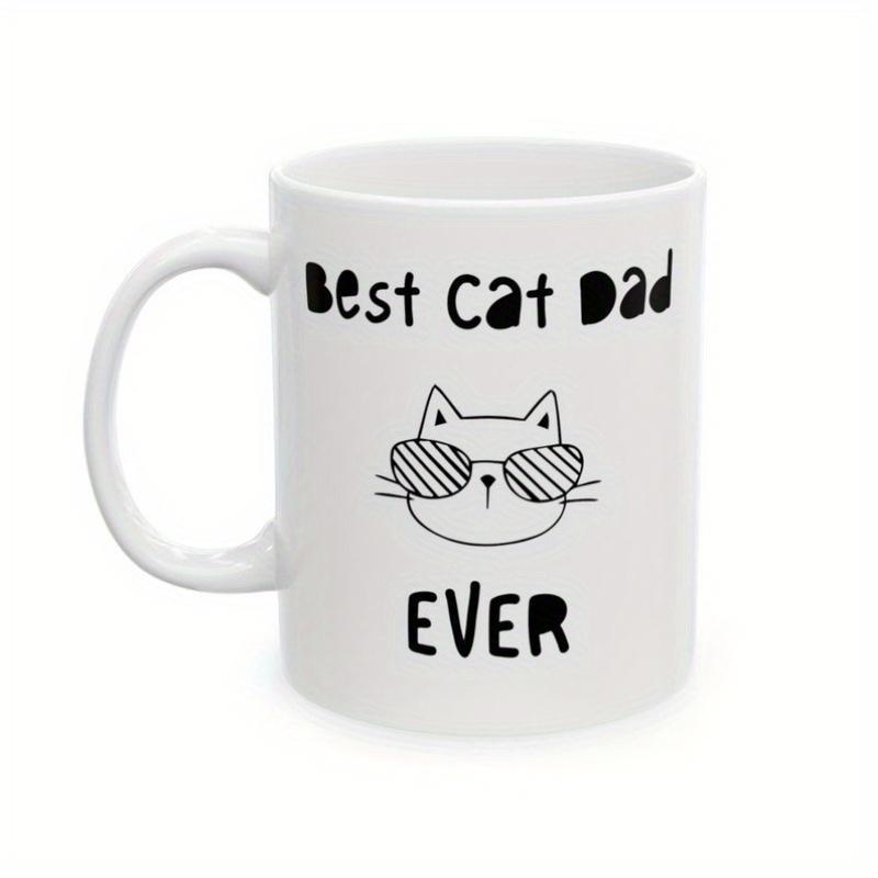 Tailorly White Ceramic 11 oz Mug - Best Cat Dad Ever Simple Line Drawing Of A Cool Kitten Wearing Striped Sunglasses Cat