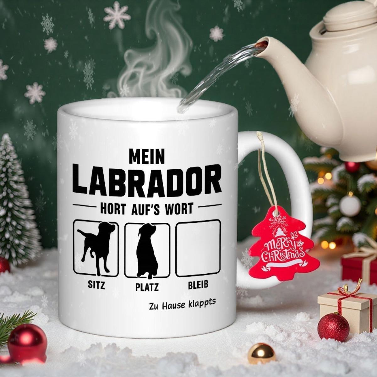 Tailorly White Ceramic 11 oz Mug - Minimalist Black Dog Silhouette Training Commands Inside Small Square Frames Labrador