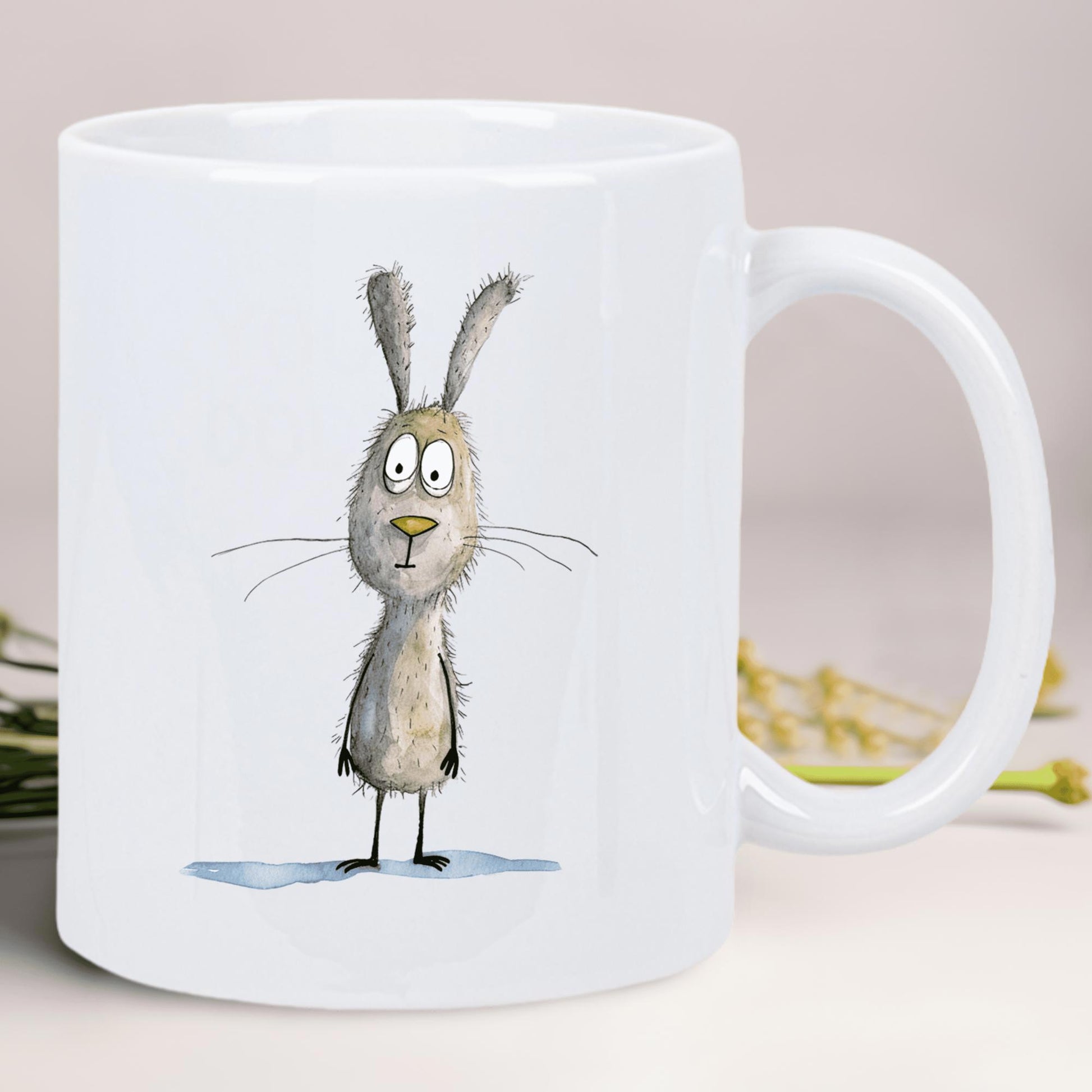 Tailorly White Ceramic 11 oz Mug - Quirky Hand Drawn Sketch Style Standing Among Subtle Shadows Rabbit