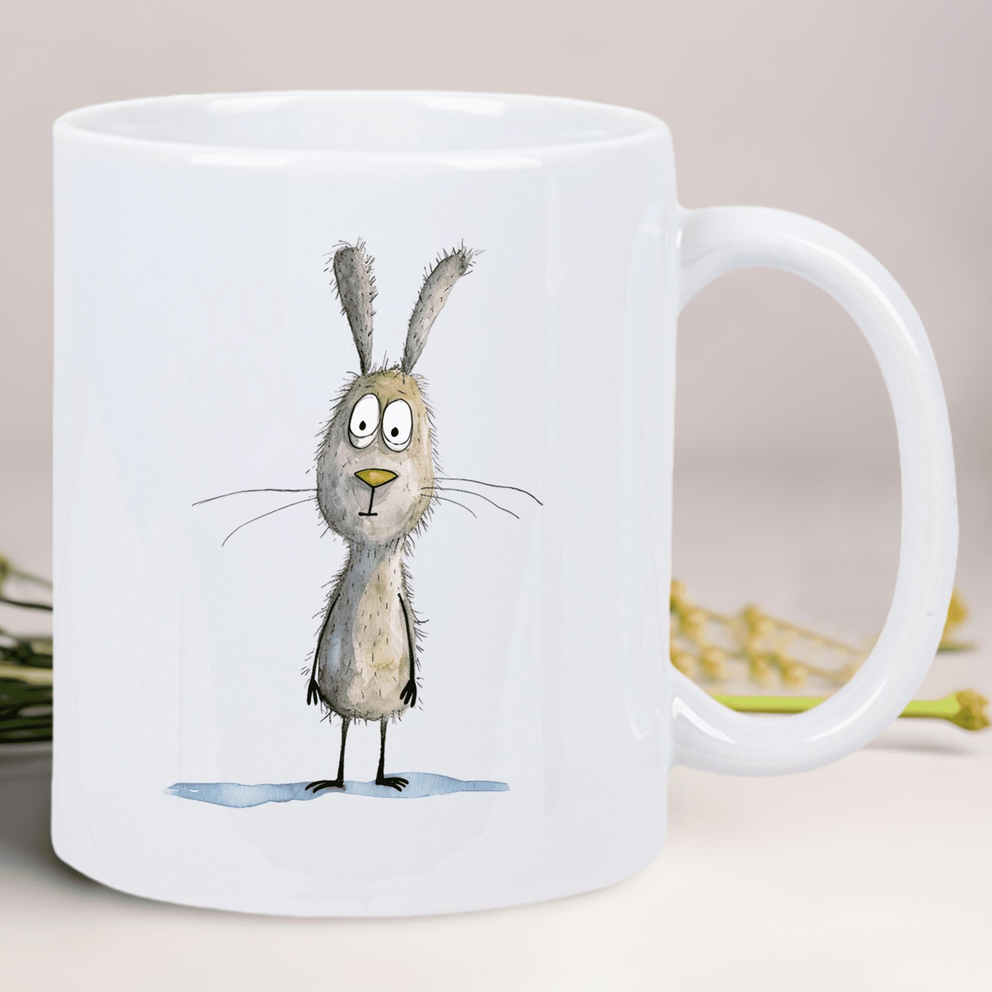 Tailorly White Ceramic 11 oz Mug - Quirky Hand Drawn Sketch Style Standing Among Subtle Shadows Rabbit