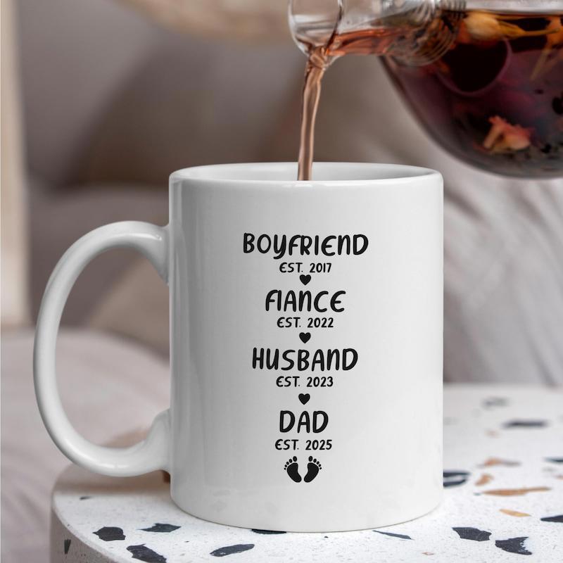 Tailorly White Ceramic 11 oz Mug - Boyfriend Fiance Husband Dad Est 2017 2022 2023 2025 Minimalist Timeline Featuring Delicate Small Hearts And Tiny Baby Feet Sign