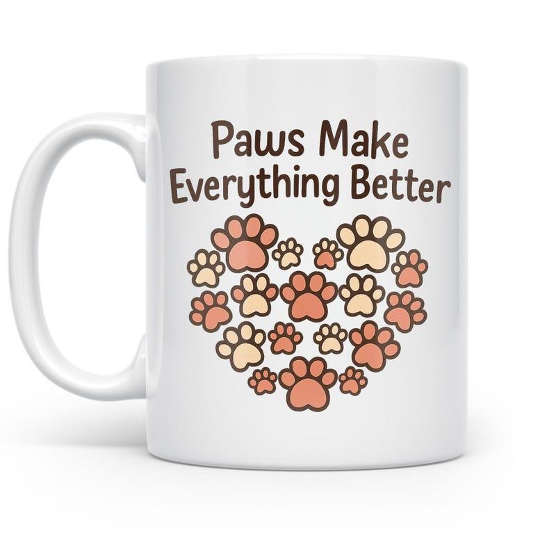 Tailorly White Ceramic 11 oz Mug - Paws Make Everything Better Multiple Colorful Animal Footprints Arranged In A Symbolic Loving Heart