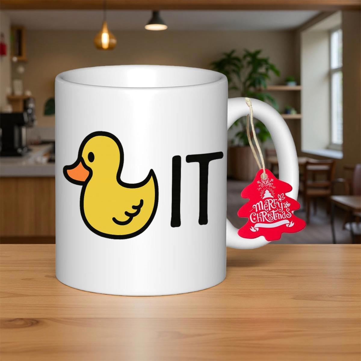 Tailorly White Ceramic 11 oz Mug - IT Minimalist Cartoon Yellow Rubber Duck With Bold Black Printed Letters Duck