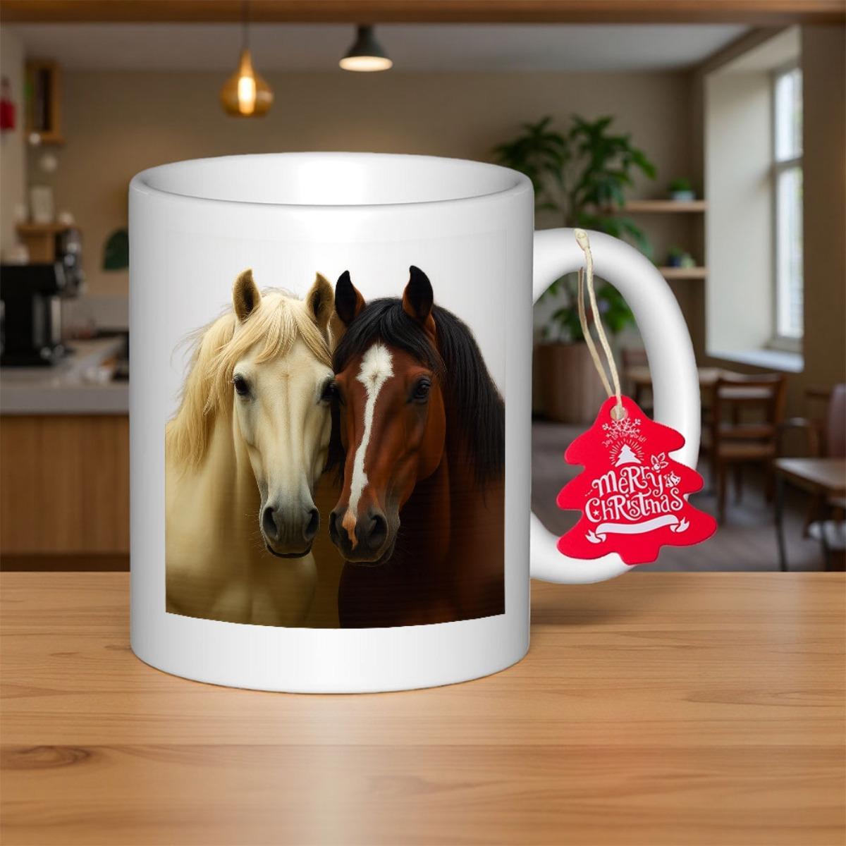Tailorly White Ceramic 11 oz Mug - Merry Christmas Two Majestic Horses Standing Close Together With Flowing Manes Under Soft Lighting Horse