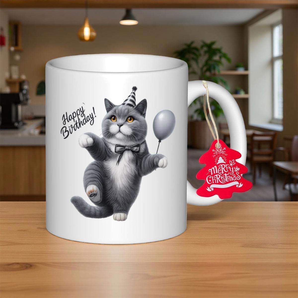 Tailorly White Ceramic 11 oz Mug - Happy Birthday Chubby Grey Feline Wearing Party Hat And Bowtie Holding Floating Balloon Cat