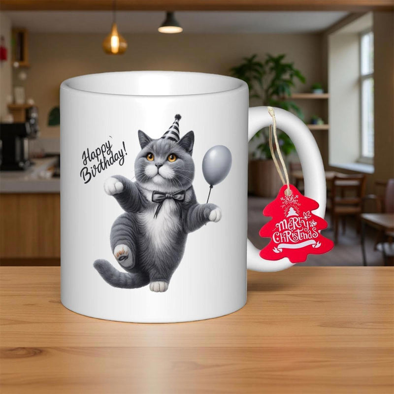 Tailorly White Ceramic 11 oz Mug - Happy Birthday Chubby Grey Feline Wearing Party Hat And Bowtie Holding Floating Balloon Cat