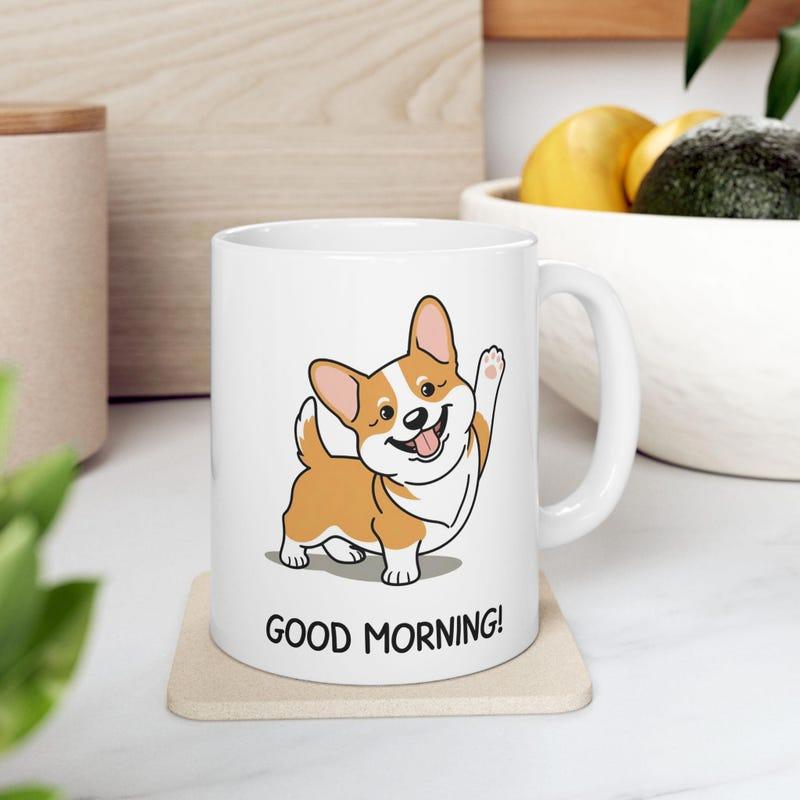 Tailorly White Ceramic 11 oz Mug - Good Morning Playful Cartoon Dog Waving Its Paw With A Cheerful Expression Corgi