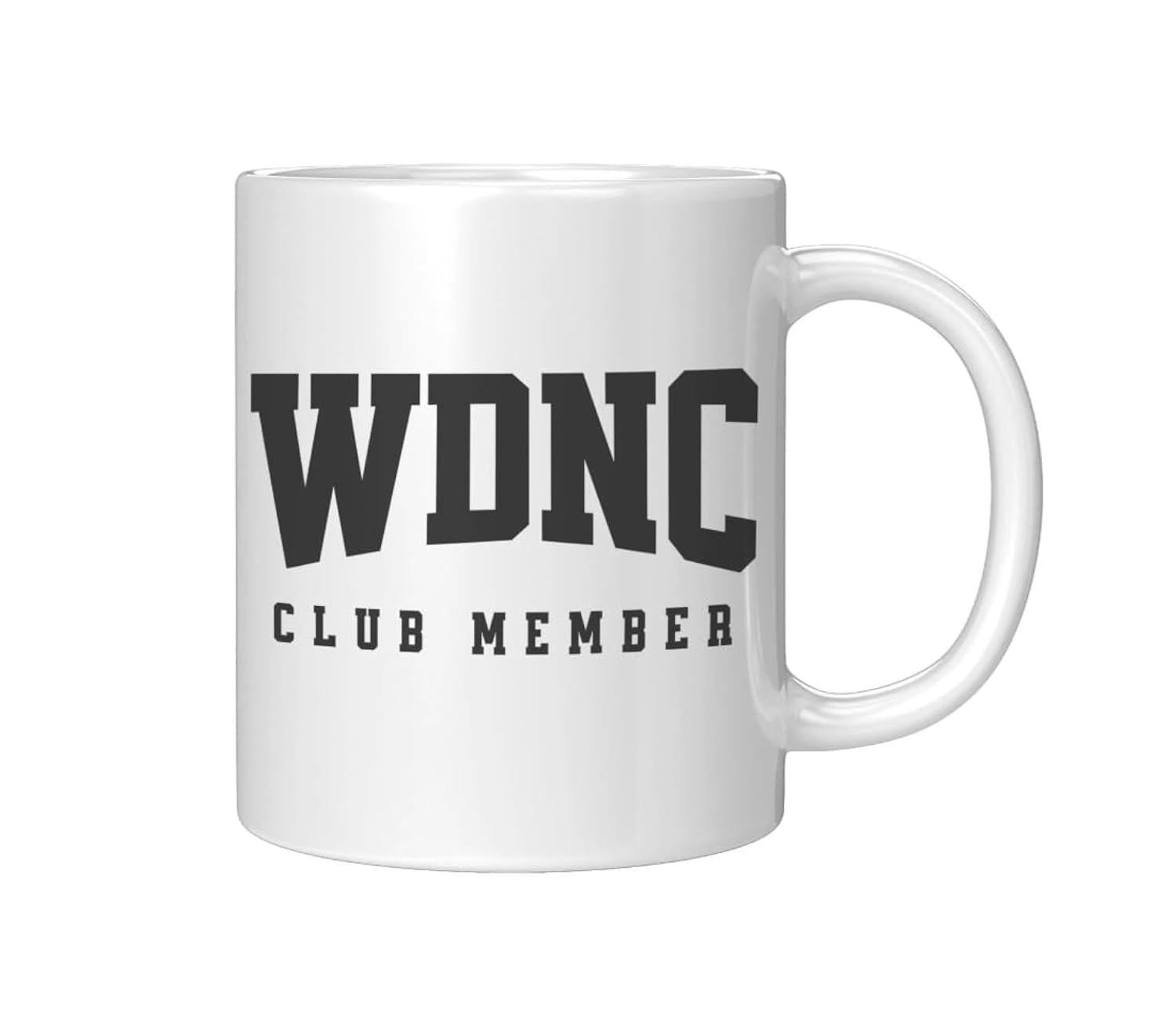 Tailorly White Ceramic 11 oz Mug - WDNC Club Member Clean White Ceramic Material With Bold Black Arched Lettering Surface Mug