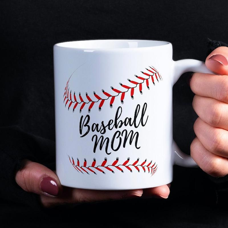 Tailorly White Ceramic 11 oz Mug - Baseball Mom Curved Red Stitching Design Framing Artistic Script And Block Lettering Baseball