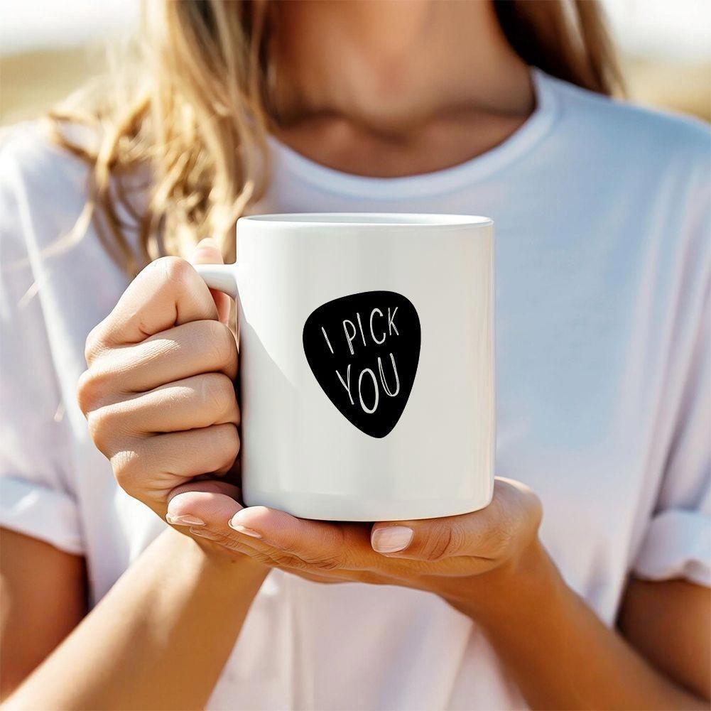 Tailorly White Ceramic 11 oz Mug - I Pick You Minimalist Black Guitar Pick Graphic Featuring Stylish Hand Drawn Creative Text Guitar Pick