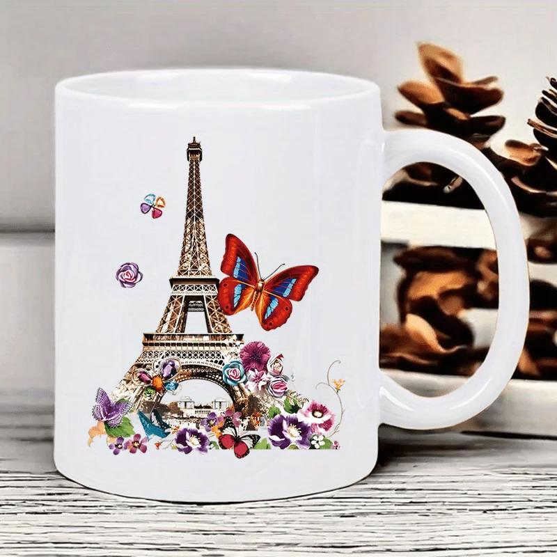 Tailorly White Ceramic 11 oz Mug - Artistic Landmark Surrounded By Vibrant Butterflies And Blooming Spring Flowers Eiffel Tower