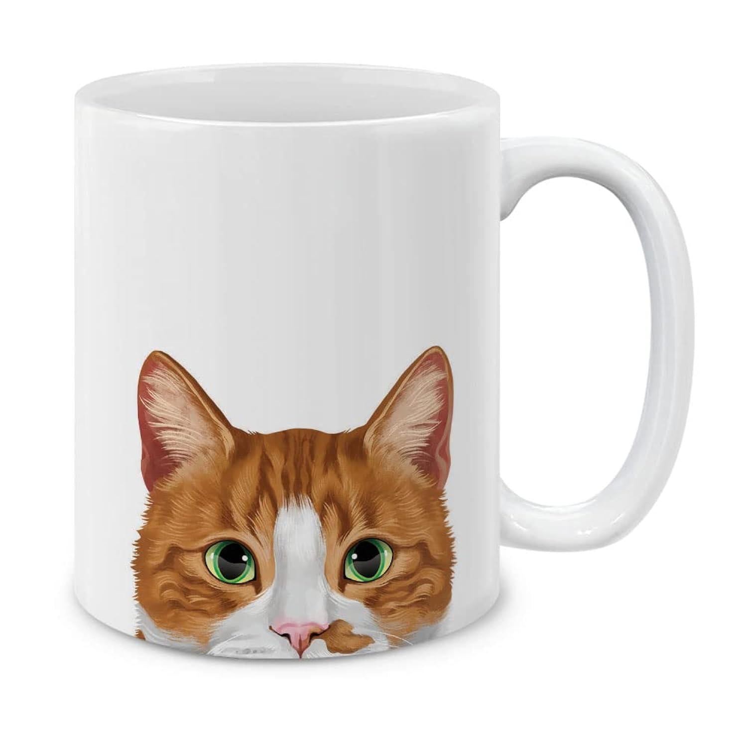 Tailorly White Ceramic 11 oz Mug - Realistic Ginger Tabby Feline With Large Green Eyes Peering Upward Cat