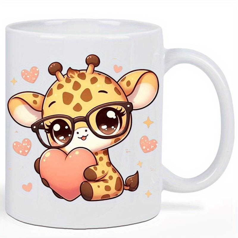 Tailorly White Ceramic 11 oz Mug - Adorable Little Cartoon Character Wearing Glasses Holding Heart Amidst Tiny Hearts Giraffe