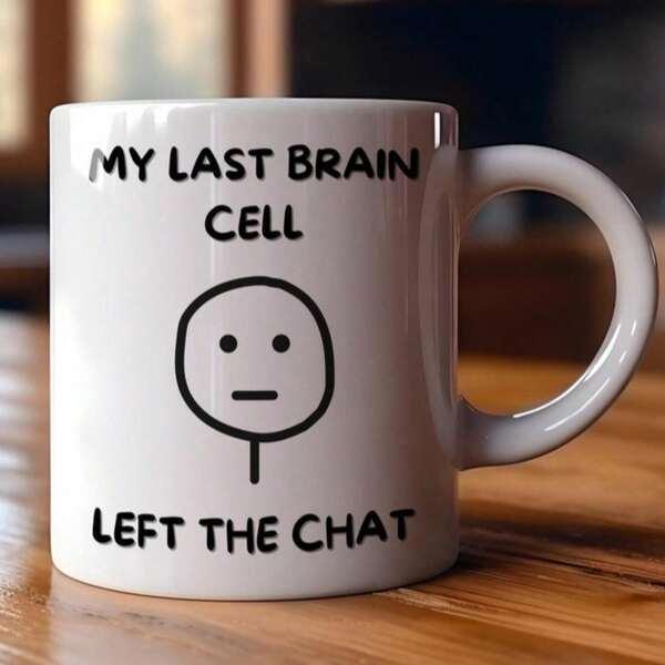 Tailorly White Ceramic 11 oz Mug - My Last Brain Cell Left The Chat Minimalist Hand Drawn Stick Figure Face With Blank Expression On