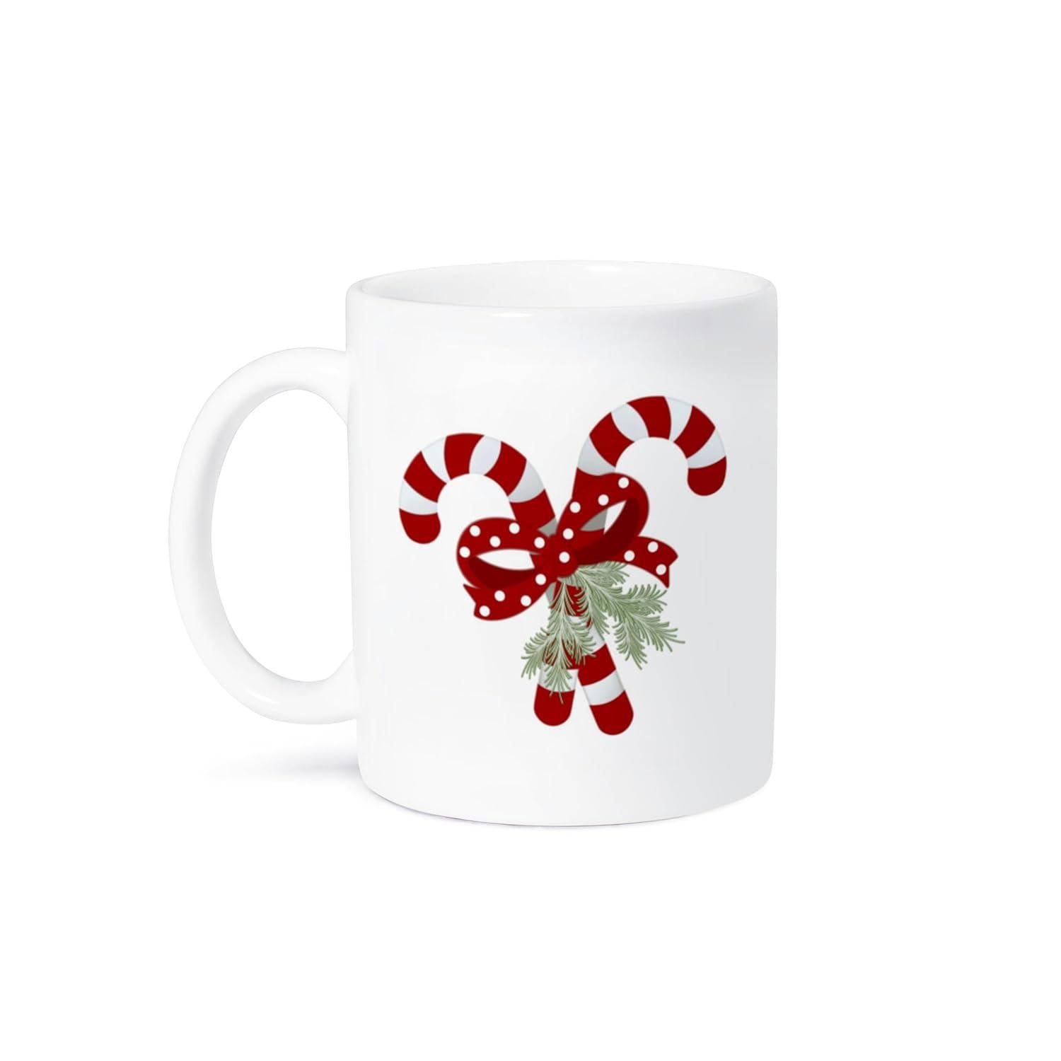 Tailorly White Ceramic 11 oz Mug - Festive Red And White Striped Treats With Polka Dot Bow Pine Candy Canes