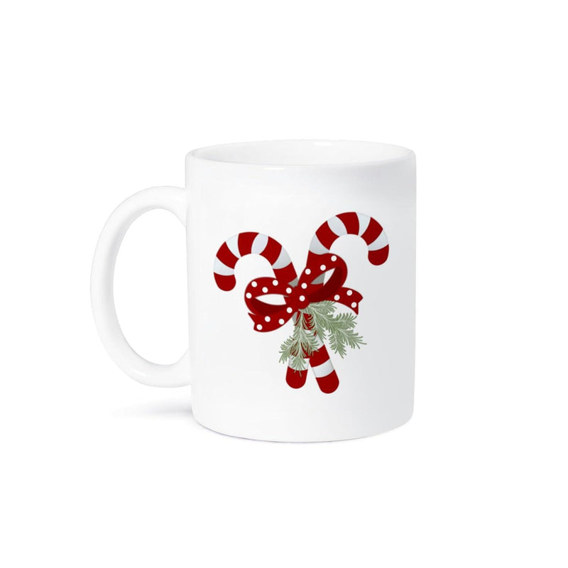 Tailorly White Ceramic 11 oz Mug - Festive Red And White Striped Treats With Polka Dot Bow Pine Candy Canes