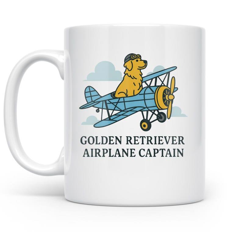 Tailorly White Ceramic 11 oz Mug - Golden Retriever Airplane Captain Golden Retriever Wearing Pilot Hat In A Blue Biplane Among Clouds Airplane