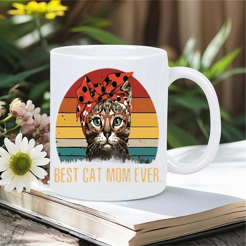 Tailorly White Ceramic 11 oz Mug - Best Cat Mom Ever Retro Sunset Background With Polka Dot Bow Wearing Domestic Shorthair Cat