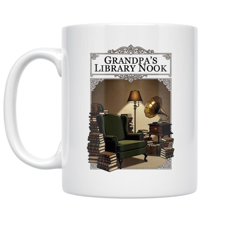Tailorly White Ceramic 11 oz Mug - Grandpa's Library Nook Vintage Cozy Reading Room With Stacks Of Old Books Armchair