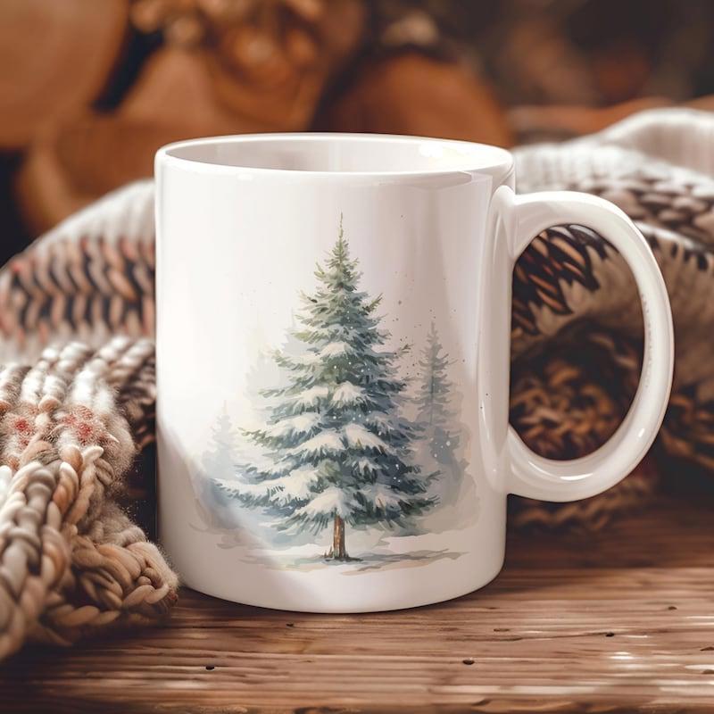 Tailorly White Ceramic 11 oz Mug - Snowy Evergreen In Winter Landscape With Soft Watercolor Artistic Style Tree