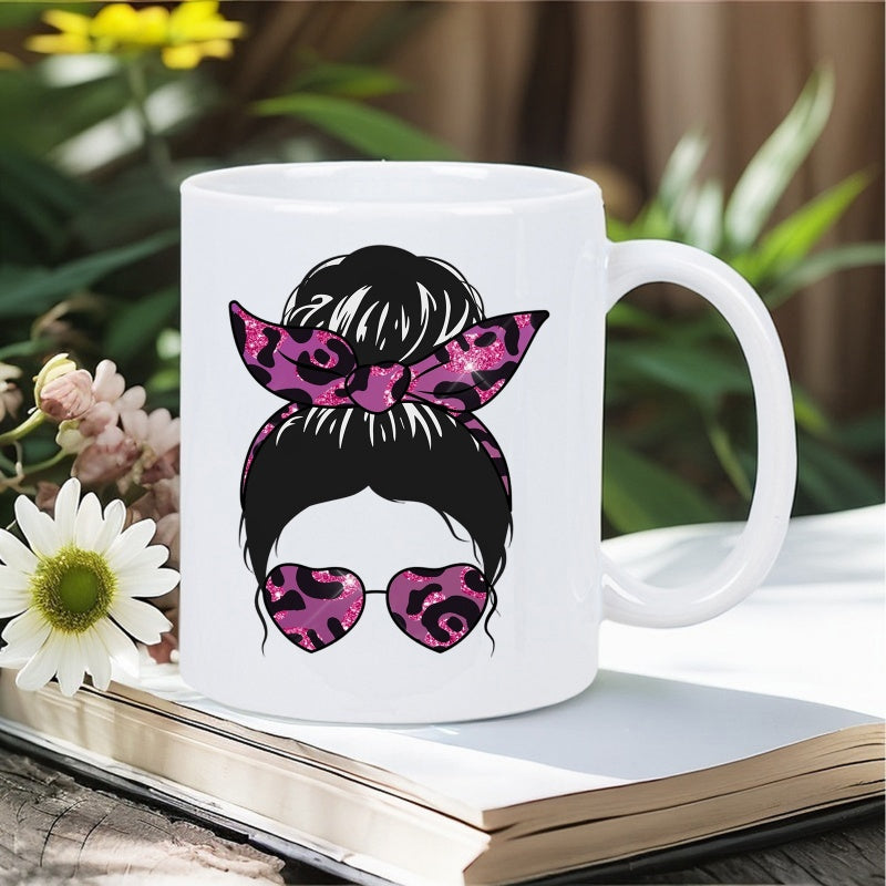 Tailorly White Ceramic 11 oz Mug - Messy Bun Hairstyles With Pink Leopard Bow And Heart Shaped Sunglasses Woman