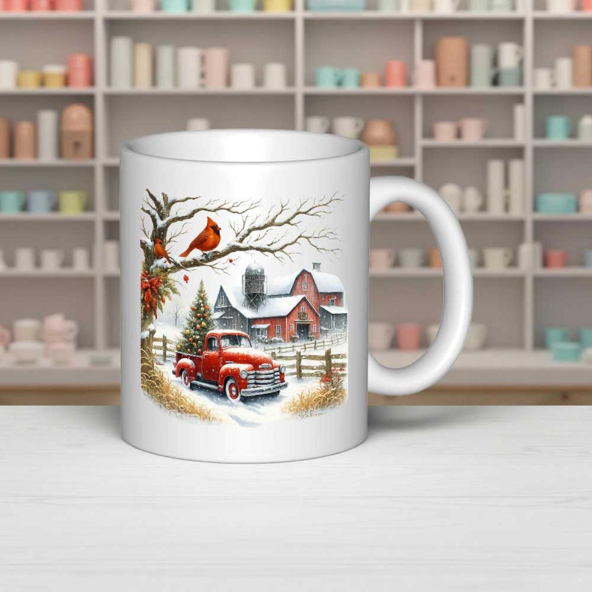 Tailorly White Ceramic 11 oz Mug - Snowy Countryside Scene Featuring A Red Vintage Truck And Cardinal Bird Truck