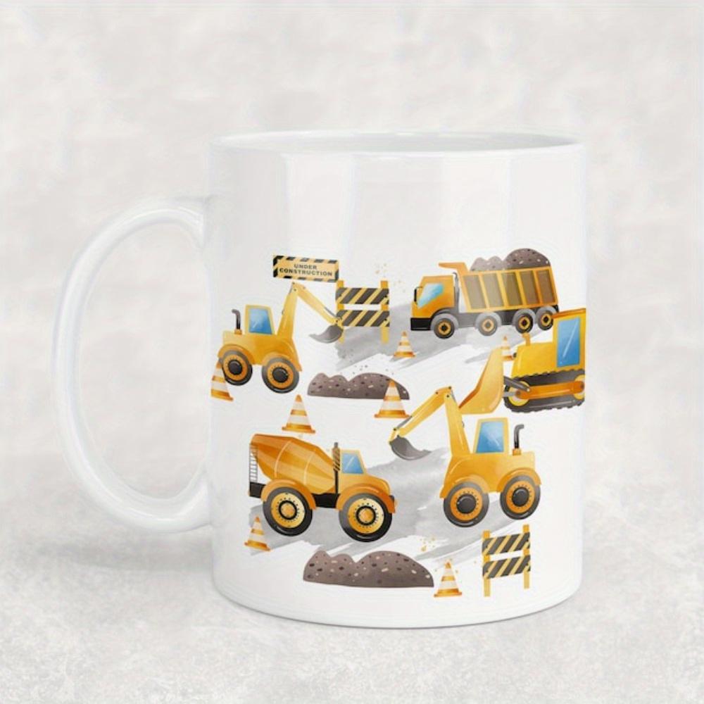 Tailorly White Ceramic 11 oz Mug - Colorful Watercolor Construction Vehicles Working Among Cones And Barriers Truck