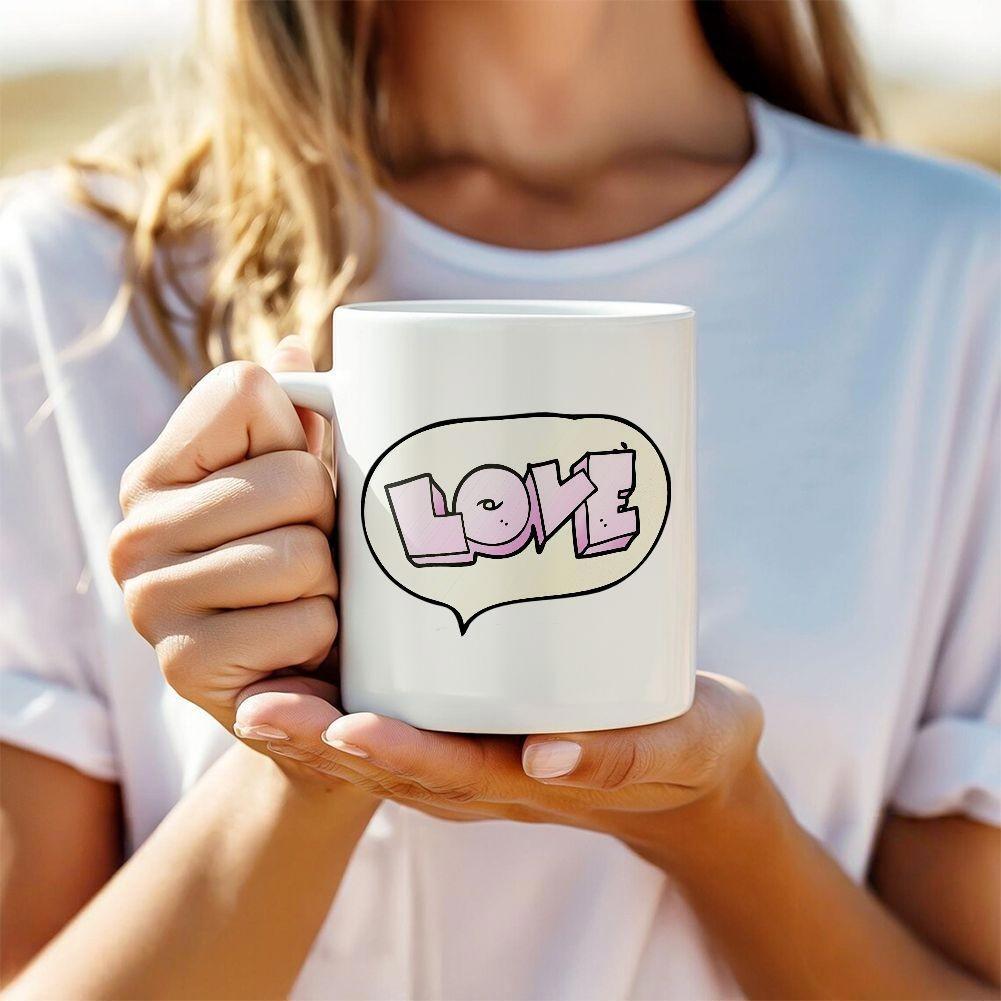 Tailorly White Ceramic 11 oz Mug - Love Artistic Bubble Letters Resting Inside A Comic Style Speech Bubble Love