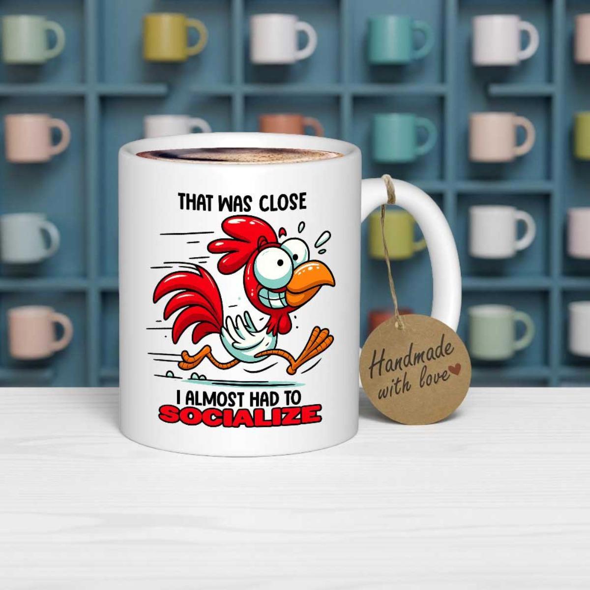 Tailorly White Ceramic 11 oz Mug - That Was Close I Almost Had To Socialize Funny Frantic Cartoon Bird Running With Red Feathers And Speed Lines Rooster