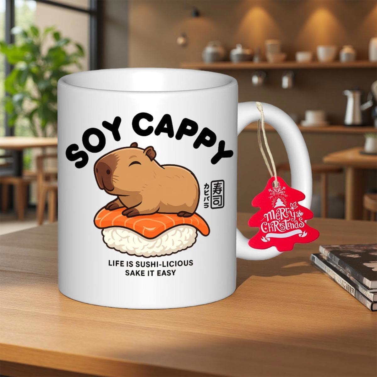 Tailorly White Ceramic 11 oz Mug - Soy Cappy Life Is Sushi Licious Sake It Easy Adorable Cartoon Creature Resting Peacefully On A Salmon Nigiri Capybara