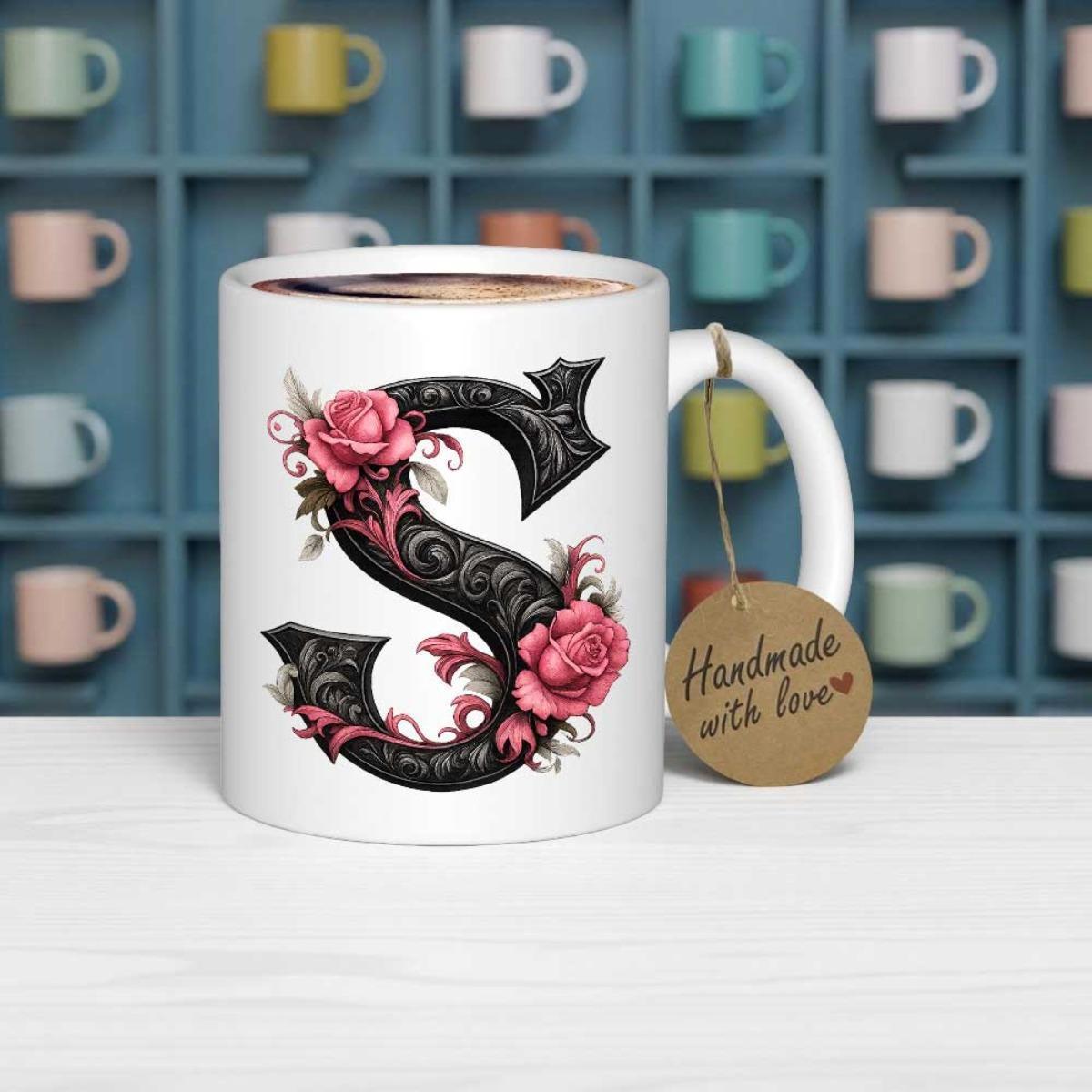 Tailorly White Ceramic 11 oz Mug - Handmade With Love Ornate Black Gothic Style Decoration Entwined With Elegant Pink Blooming Roses Letter