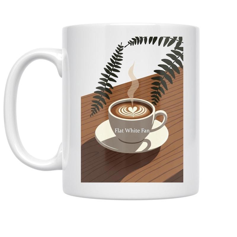 Tailorly White Ceramic 11 oz Mug - Flat White Fan Steaming Cup Of Heart Latte Art On Table With Fern Leaves Coffee Cup