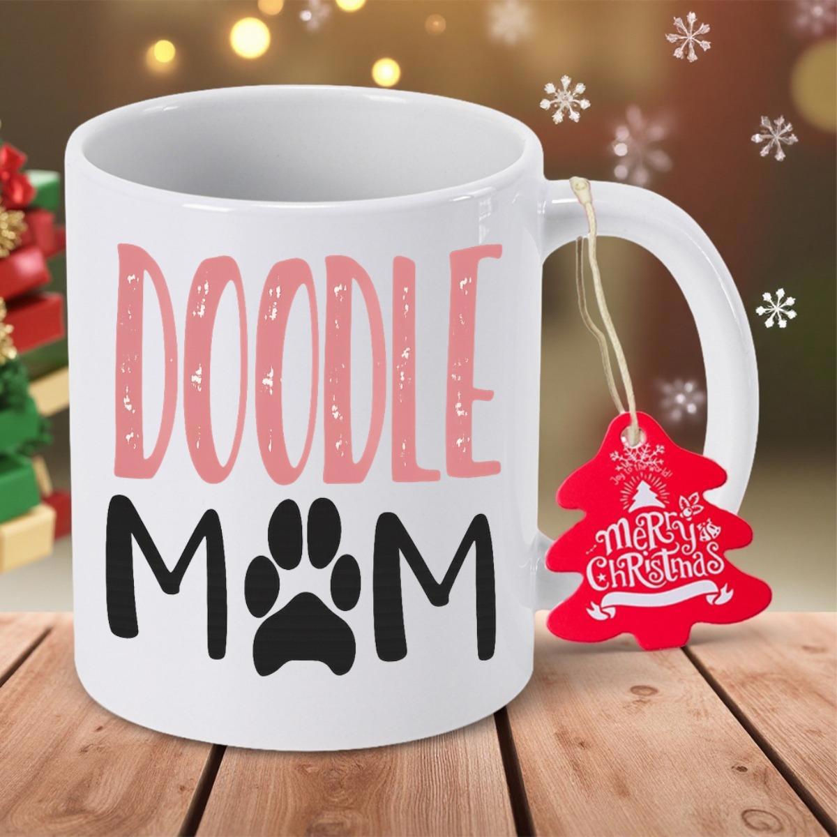 Tailorly White Ceramic 11 oz Mug - Doodle Mom Merry Christmas Hand Lettered Design Featuring Pet Paw On Smooth White Surface Mug