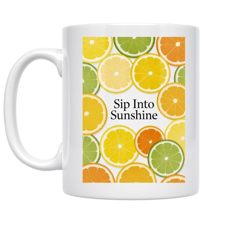 Tailorly White Ceramic 11 oz Mug - Sip Into Sunshine Vibrant Colorful Mixed Fruit Slices In A Symmetrical Pattern Design Citrus
