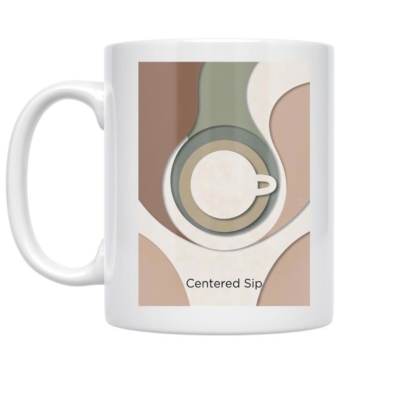 Tailorly White Ceramic 11 oz Mug - Centered Sip Abstract Earthy Tones Layered With Organic Shapes And Stylized Coffee Cup