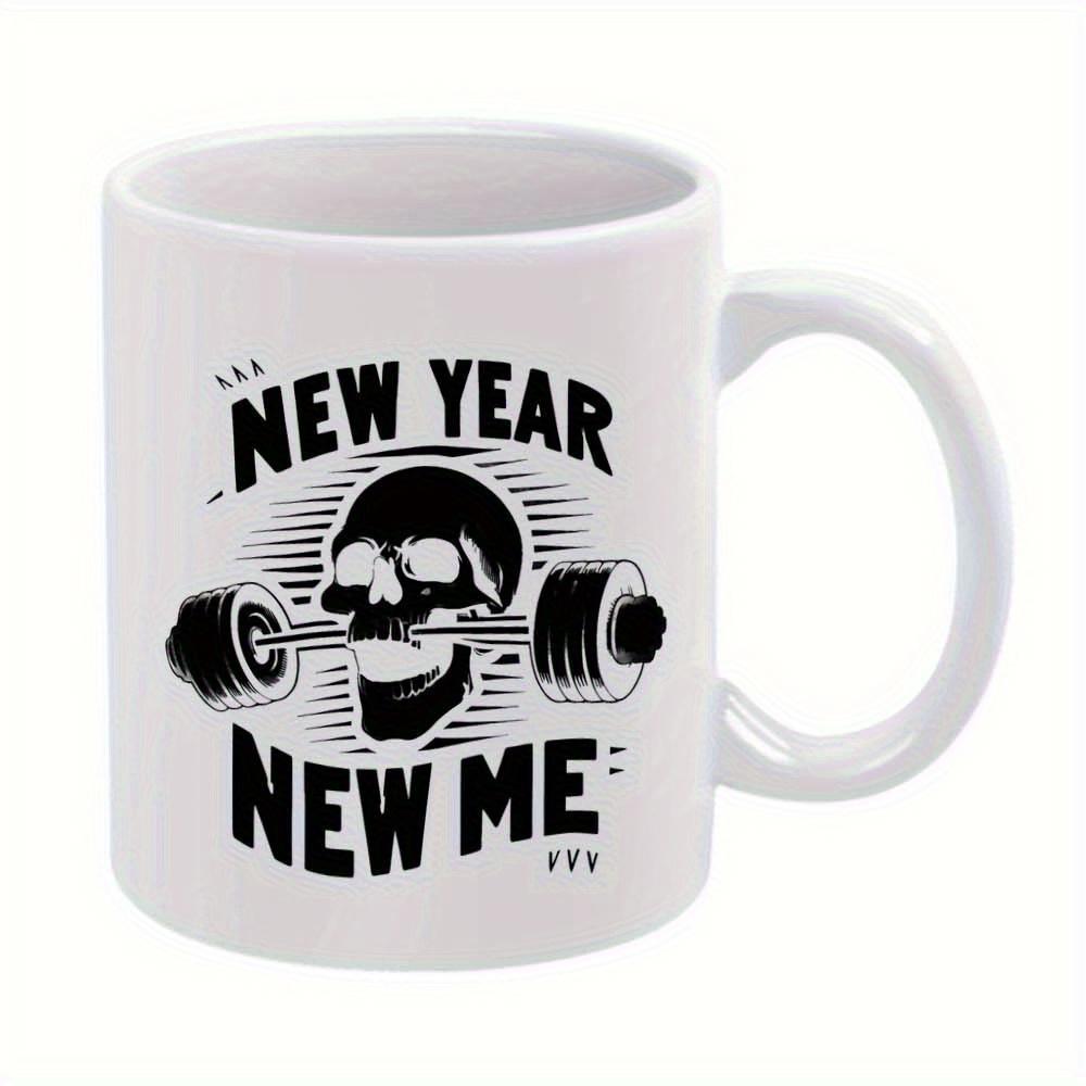 Tailorly White Ceramic 11 oz Mug - New Year New Me Strong Hardcore Fitness Style With Heavy Weight Barbell Clenched Between Teeth Skull