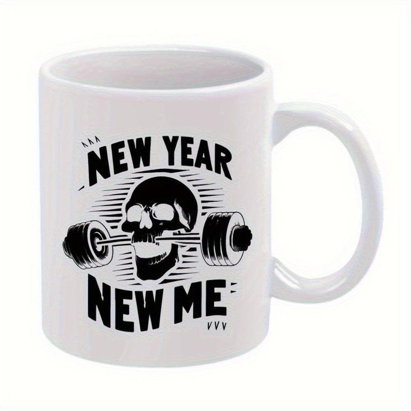 Tailorly White Ceramic 11 oz Mug - New Year New Me Strong Hardcore Fitness Style With Heavy Weight Barbell Clenched Between Teeth Skull