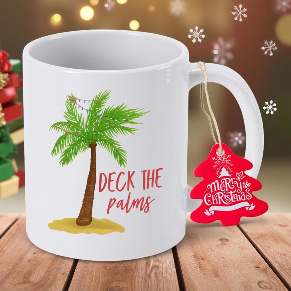 Tailorly White Ceramic 11 oz Mug - Deck The Palms Festive Tropical Holiday Theme Featuring Glowing Lights On A Palm Tree