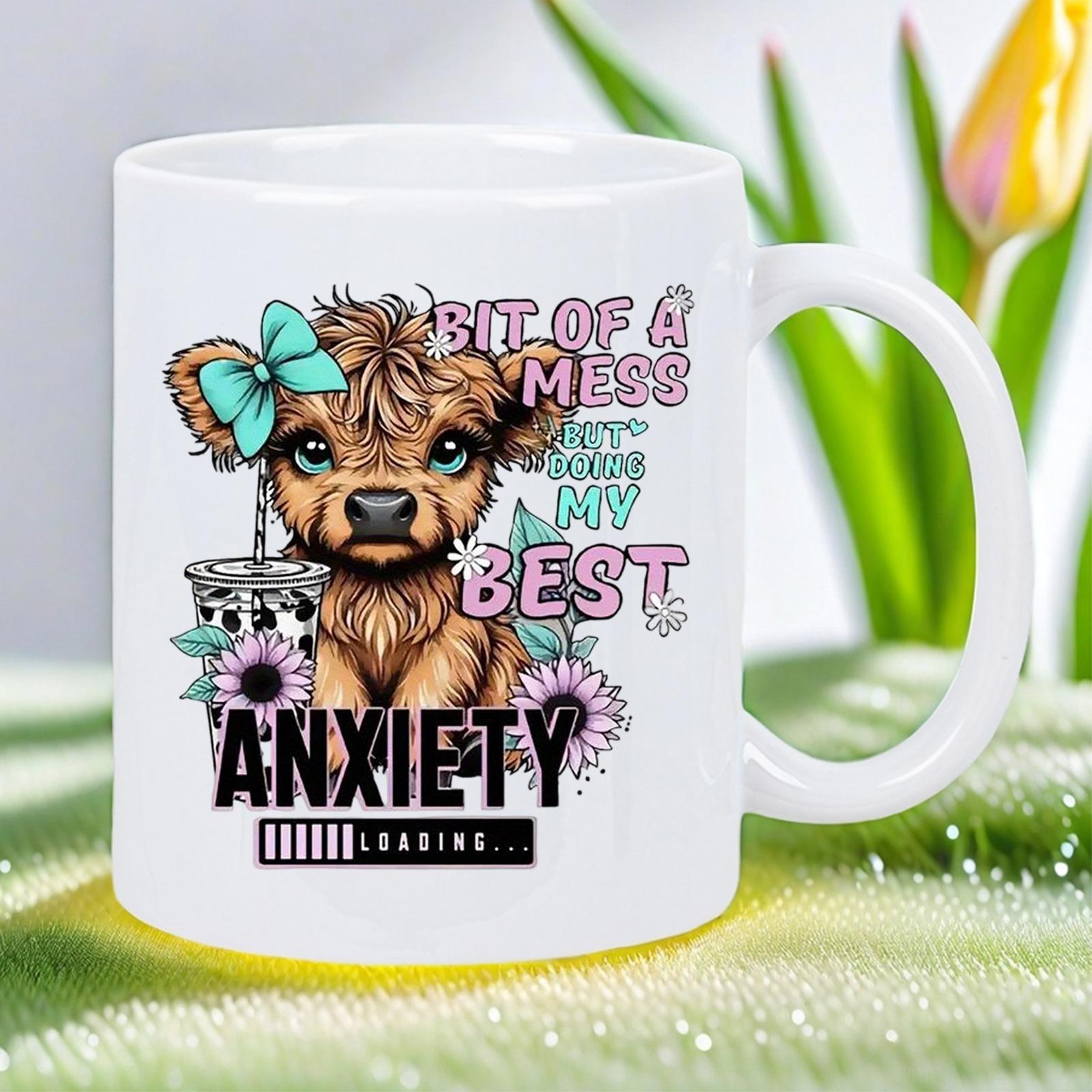 Tailorly White Ceramic 11 oz Mug - Bit Of A Mess But Doing My Best Anxiety Loading Adorable Furry Animal Wearing Blue Bow Surrounded By Spring Flowers And Drink