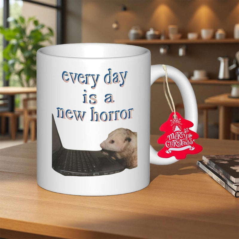 Tailorly White Ceramic 11 oz Mug - Every Day Is A New Horror Small Brown Ferret Staring Intently At A Black Open Portable Laptop Ferret